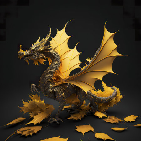Golden dragon statuette, miniature with Autumn yellow leaves on black background. Golden leaf finish, shiny statuette. AI generative.の素材