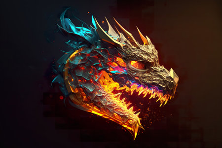 A fiery dragon head illustration with a fantasy creature design element with fire and glow on a black background. Perfect for digital art projects, wallpapers, stories and social media. AI generative.の素材