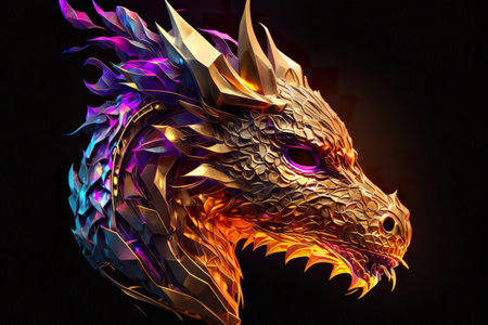 A fiery dragon head illustration with a fantasy creature design element with fire and glow on a black background. Perfect for digital art projects, wallpapers, stories and social media. AI generative.の素材