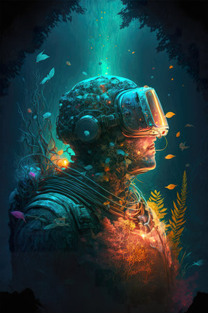 Diver underwater, deep in ocean, surreal aquatic magic lights. Bioluminiscence, luminous light under water. Dreamlike, otherworldly appearance. AI generative art.の素材