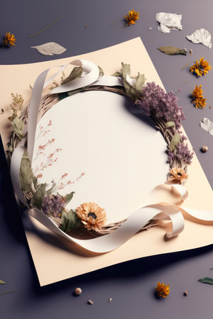 Dry pressed plants and flowers around blank paper circle with copy-space, mockup, space for text or lettering. Floral arrangement on beige and purple background. Flat lay, top view, AI generative.の素材