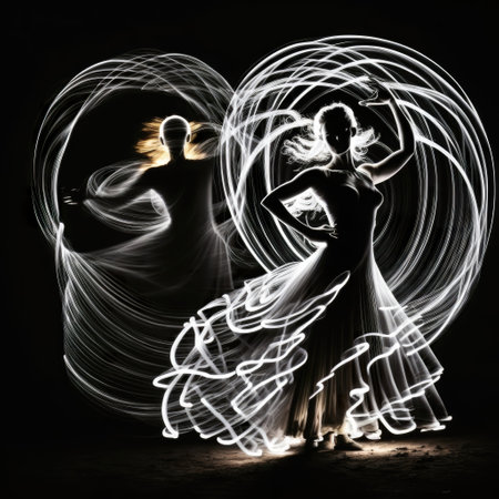 Flamenco dancer, dancing woman, black white illustration, Light painting, movement, energy. AI generative.の素材