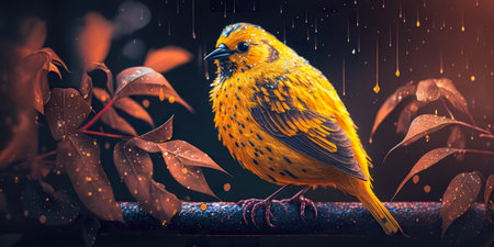 Bright orange canary bird perched on an exotic tree branch in a rain. Panoramic composition perfect for digital banners. AI generative panorama illustration.の素材