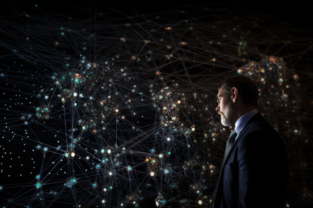 Middle-aged man, engineer, IT developer in front of complex glowing network. Big data, logistics, technology presentation concept, AI generativeの素材