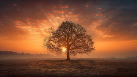 A lone tree or group of trees silhouetted against a beautiful sunrise, AI generativeの素材