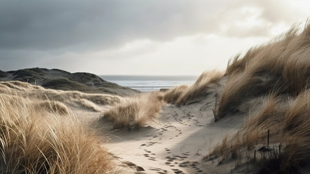 Desolate Autumn seaside with yellow grass and overcast sea in watercolor style, AI generativeの素材