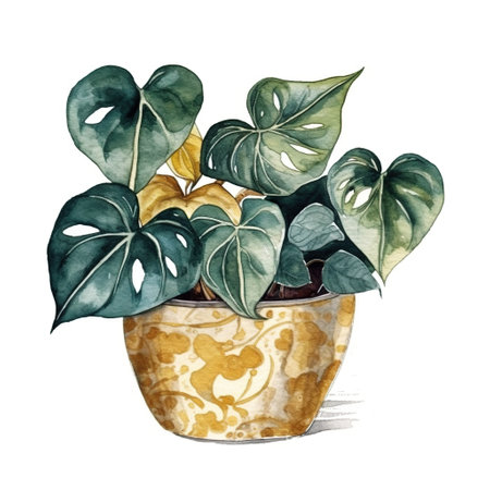 Philodendron, plant with heart shape leaves in cute pot, clip art on white background, Generative AI Illustrationの素材