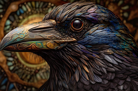 Mysterious black raven from a gothic Halloween fantasy horror scene, AI generativeの素材