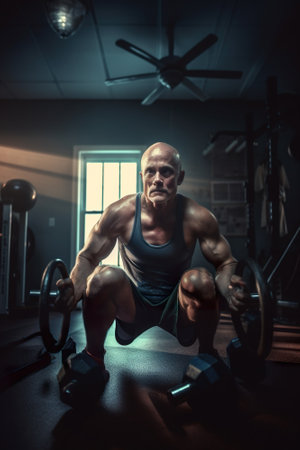 Strong middle aged caucasian man training in gym, sport club, Training session, healthy lifestyle illustration, AI generativeの素材