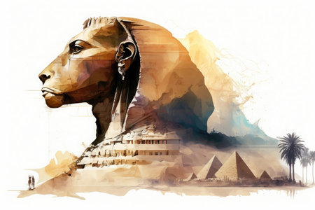Double exposure, sphinx, statue of lion sideways morphing into landscape with pyramids and palms in Egypt, watercolor style, AI generativeの素材