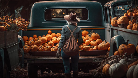 Female farmer loading truck full of Autumn pumpkins, seasonal harvest picture, farm, rural lifestyle, cottagecore, AI generativeの素材