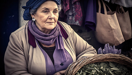 Old, senior European woman in traditional warm clothes selling dry lavender and lavender flower wreath on street market outdoors, AI generativeの素材