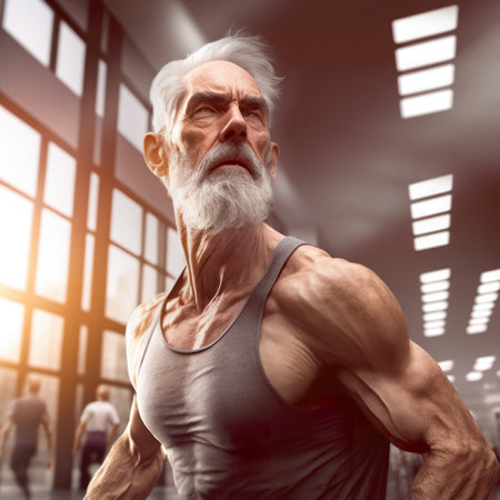 Portrait of strong old man, with grey hair. 60 year old athlete on workout in fitness studio. Low color saturation, counterlight. Inclusive fitness concept, AI generative illustration.の素材