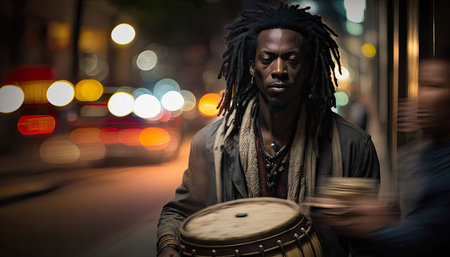Young african musician, man playing bongo drum in night city with city lights and traffic, AI generativeの素材