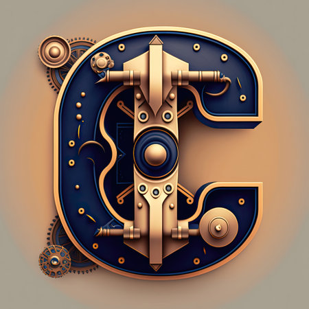 Capital letter C, steampunk alphabet in bronze metal and navy blue colors, AI generative.の素材