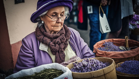 Old, senior European woman in traditional warm clothes selling dry lavender and lavender flower wreath on street market outdoors, AI generativeの素材