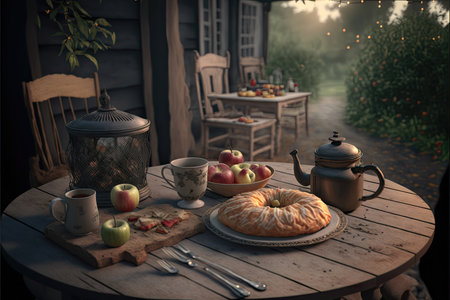 Tasty apple pie, fresh apples and tea on rustic wooden table in garden cottagecore, muted colors, misty gloomy day. AI generative art, concept illustration generated by AI.の素材