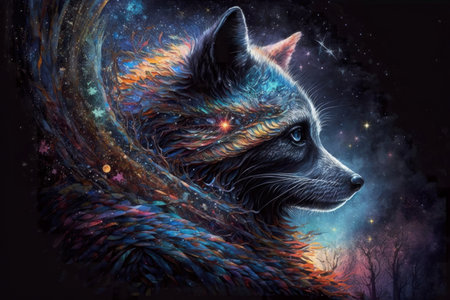 Celestial racoon vision, protector, spirit, psychedelic imaginary creature, AI Generative panoramic bannerの素材