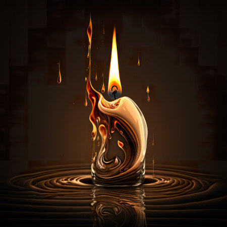 Lit candle, orange flame on dark background, melting wax. Single design element, square composition in black, golden, orange. AI generative, AI generated illustration.の素材