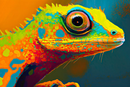 Close-up on gecko, bright vibrant bold colors, close-up on the head, AI generativeの素材