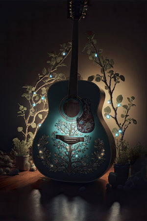 Acoustic guitar grown into enchanted forest. Roots and branches cover guitars body. Ethereal magic atmosphere with intricate organic shapes and lights. AI generative art, illustration generated by AIの素材