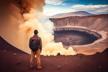 Back view of a tourist watching active volcano crater, AI generative artの素材