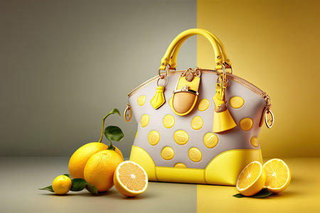 Womens handbag, green color with lemon fruit design, luxury bag, elegant classical leather sac on split yellow beige background, AI generativeの素材