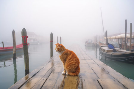 Ginger Cat on Wet Wooden Pier Watching Fishermen Boats in Misty Sea, AI Generativeの素材