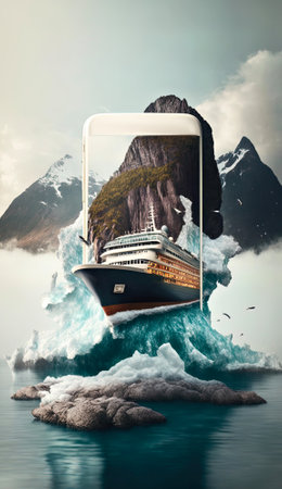 Explore the world by cruise ship with ease, concept image for travel booking online or via phone app, AI generative surreal illustrationの素材