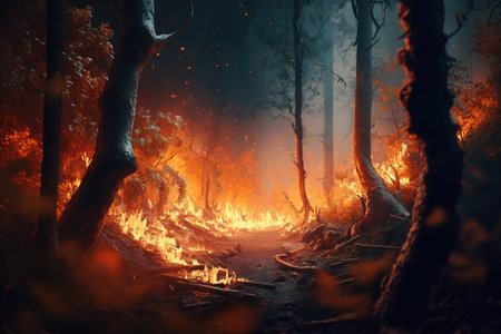 Forest fire, burning grass, pine trees and shrubs engulfed in smoke, AI Generative.の素材