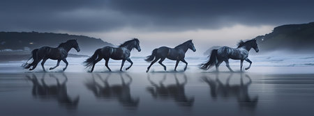 Four black horses running on night beach with misty sea as backdrop, side view, AI Generative.の素材