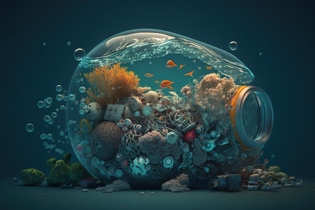 Plastic trash underwater polluting ecosystems and natural habitats. Sea, ocean and rivers contaminated, polluted with plastic rubbish. Concept AI generative illustration.の素材