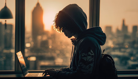 Asian teen, man in hood, streetware, typing on notebook by large window city skyline, riverside, towers, ships, sunset, AI generativeの素材