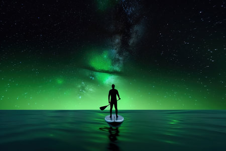 A human silhouette surfing a glowing green ocean lit up by bioluminescent creatures, AI Generative.の素材