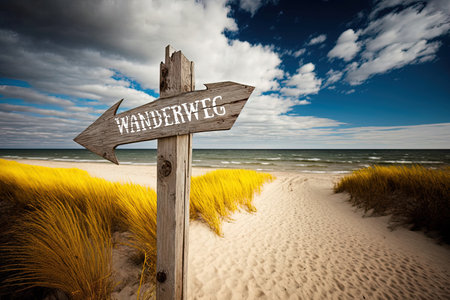 Wooden sign Wanderweg that means Walkway in German language. Baltic sea coast with grass on dunes, sandy beach and sea, AI generativeの素材