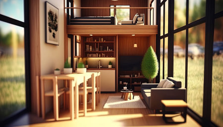 Tiny house interior with warm wooden decor, light and airy, symmetrical shot, AI generativeの素材