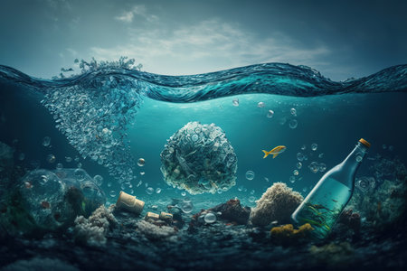 Plastic trash underwater polluting ecosystems and natural habitats. Sea, ocean and rivers contaminated, polluted with plastic rubbish. Concept AI generative illustration.の素材