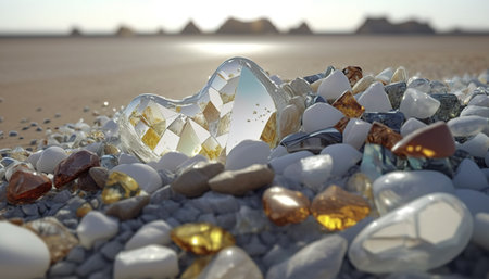 Glass heart on pectacularly beautiful glass beach, a glimmering sea of multicolored glass pebbles, AI generativeの素材
