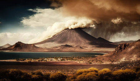 Imaginary volcanic eruption, active volcano at Fuerteventura, Canary islands, Spain, AI generativeの素材