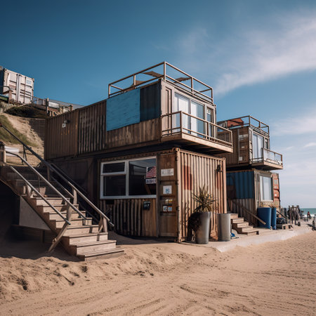 Tiny houses made out of used shipping containers with wooden external cladding, glamping, glamorous camping, AI generativeの素材