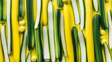 Zucchini, yellow, green and white, flat lay, top view, AI generative food photoの素材