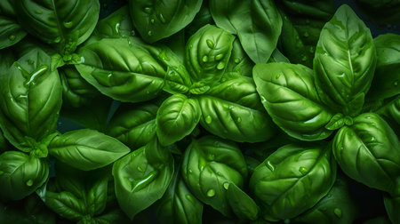 Fresh basil leaves flat lay, top view, AI generativeの素材