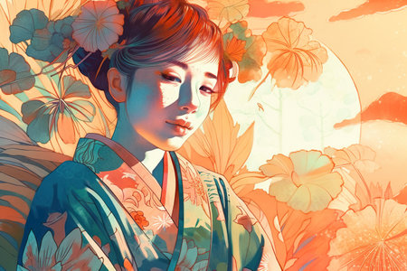 Young Japanese woman in yukata, outdoor Summer festival in Japan on a sunny day, watercolor AI generativeの素材