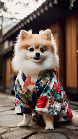Dog in kimono or yukata, elegant shot haired white Pomeranian spitz wearing colorful silk outfit, AI generative illustrationの素材