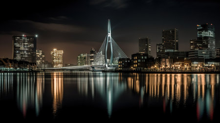 Rotterdam, Netherlands: The view of Rotterdam skyline from across the Maas River at night, AI generative imaginary cityscapeの素材