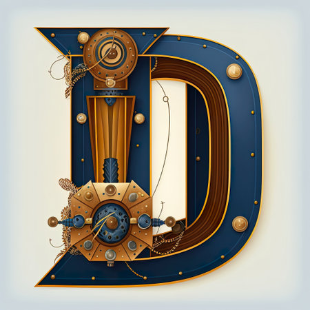Capital letter D, steampunk alphabet in bronze metal and navy blue colors, AI generative.の素材