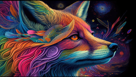 Celestial rainbow fox vision, private protector, spirit, tribal style, psychedelic imaginary creature, AI Generative panoramic bannerの素材