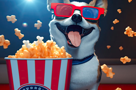 Happy dog in glasses with paper bucket of popcorn on blue background in cinema. Kawaii shiba Inu, Corgi dog in red blue 3d glasses. Popcorn flying around. AI generative.の素材