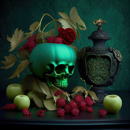 Gothic Valentine still life. AI generative, AI generated illustration. Skull, mysterious jar with flowers and strange fruit. Red and emerald green.の素材