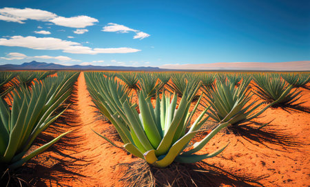 Aloe vera plantation, farm, succulent plants on vibrant orange sandy soil, AI generative art, concept illustration generated by AI.の素材